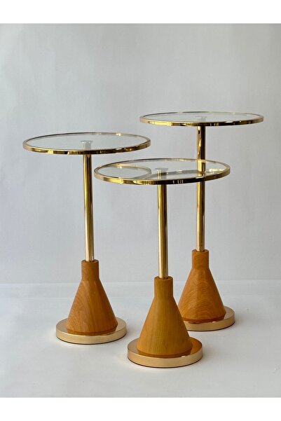 Living 3-piece Glass Service Table Set With Gold/wooden Steel Bases
