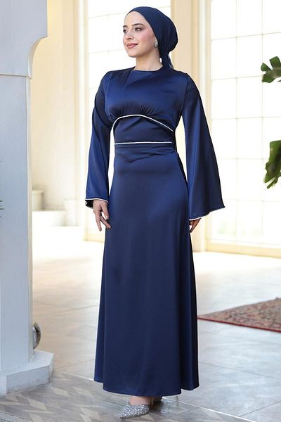 N.S NEVA STYLE Βραδινό φόρεμα Satin Navy Blue Hijab 61592L