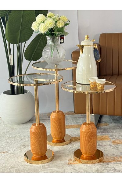 Living 3-Piece Glass Serving Table Set with Gold/Wood Steel Bases
