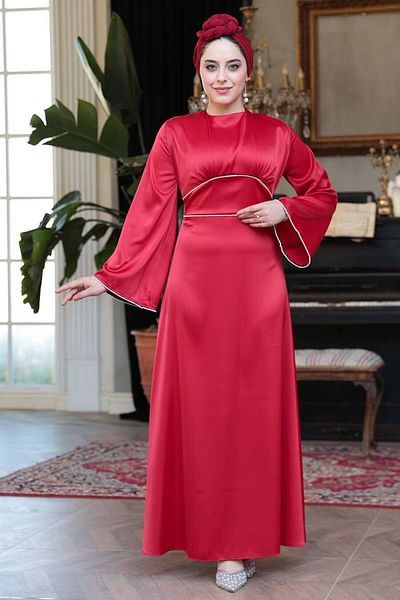 N.S NEVA STYLE Βραδινό φόρεμα Satin Red Hijab 61592K