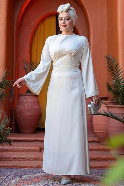 N.S NEVA STYLE Βραδινό φόρεμα Satin Cream Hijab 61592KR