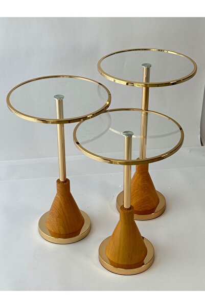 Living 3-piece Glass Service Table Set With Gold/wooden Steel Bases