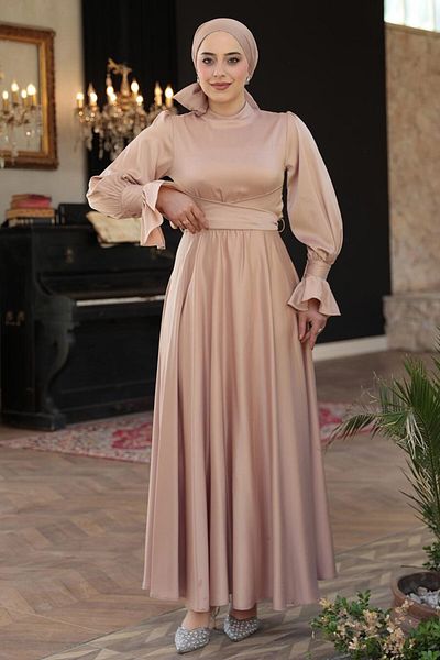 N.S NEVA STYLE Μπισκότο Hijab Σατέν Βραδινό Φόρεμα 5983BS