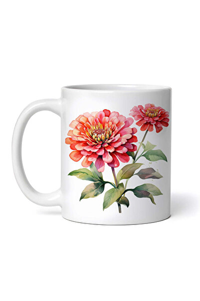 OEM Cană albă personalizată, Două flori de zinnia roșii, INOVATIX®. 330ml