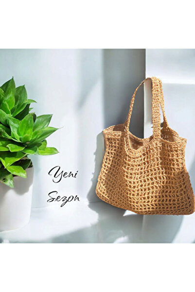 BY MİMİMU Doğal Rafya İp Orta Boy Çanta Jüt Kumaş Astarlı