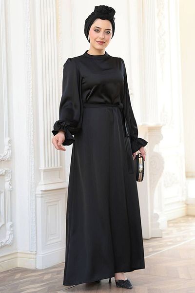 N.S NEVA STYLE Σατέν Μαύρο Φόρεμα Hijab 62132S