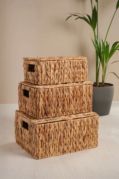 SepetçiBaba 3-Piece Rectangular Organizer/Basket/Organizer with Wicker Water Hyacinth Cover - 09
