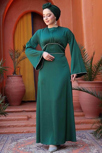 N.S NEVA STYLE Βραδινό φόρεμα Satin Emerald Green Hijab 61592ZY