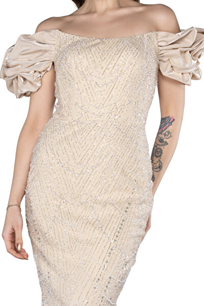 Arden Long Fish Evening Dress, Sequined with Sequins, Strapless, Moon Sleeve Wedding, Graduation Dress, Black, Gold, Burgundy, 44-48