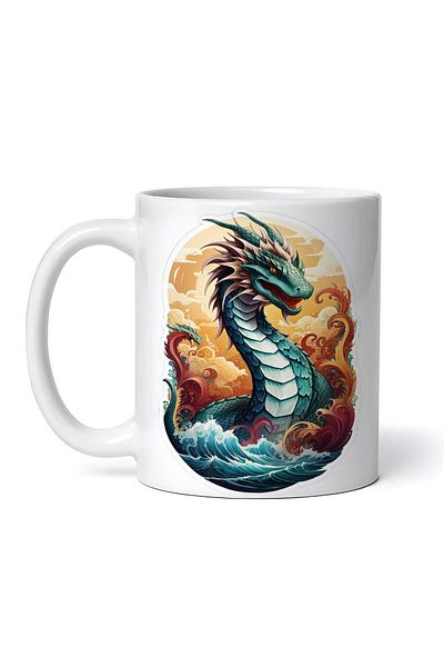 OEM Cană albă personalizată, Dragon și Șarpe de Mare în valuri, INOVATIX®. 330ml