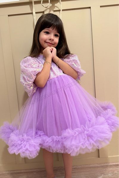 penu baby kids Rochie de seară pentru fetiță, cu paiete liliac, cu volane la tiv