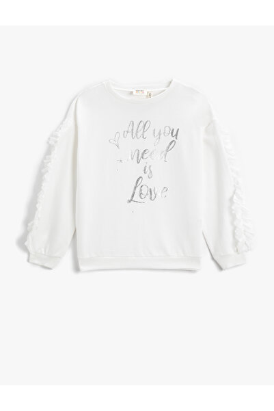 Koton Памучен суитшърт с щампа с волани и кръгла яка