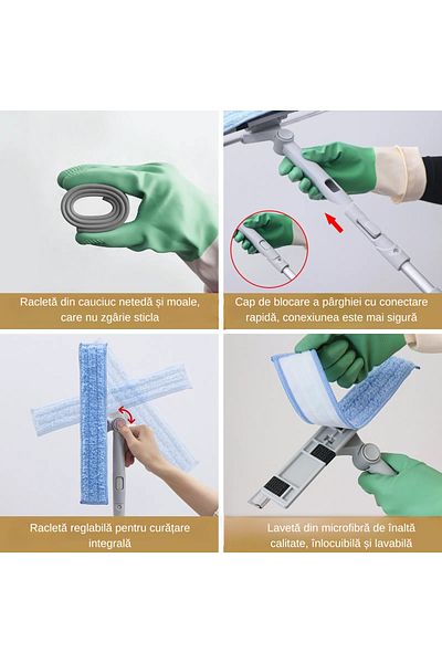 MARYALEX Professional 2-in-1 window wiper, 180° rotating, with 2 removable microfiber cloths