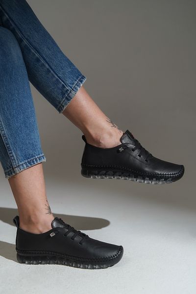 HVZ Exclusive Black Genuine Leather Hand Knitted Women's Casual Shoes Ergonomic Orthopedic Casual Comfortable Lace up Stitched