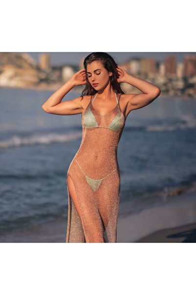 DESİGNEDBYD Örme Parlak Simli Plaj Elbise Pareo