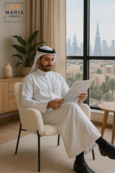 MARIA HOMES كرسي بذراعين أبيض ذو ظهر مرتفع من بوكليه - كرسي عصري منجد بأرجل سوداء لغرفة المعيشة أو المكتب