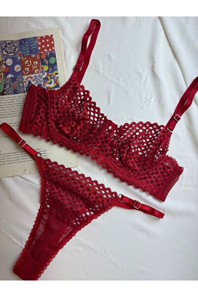 ROZENİN LINGERIE Тъмночервен блестящ комплект прашки без чашки с мрежеста мат...