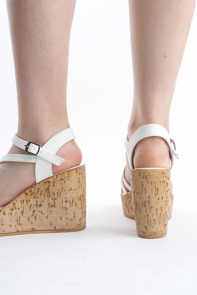 Limeo Four-Stripe High Wooden Look Sole Skin Buckle Summer Women's Wedge Sandals Shoes