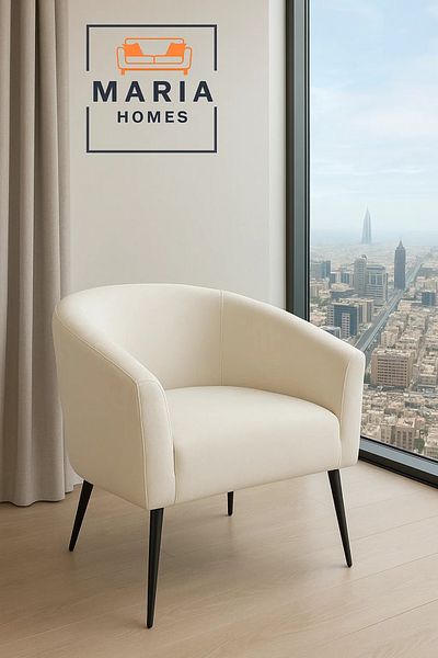 MARIA HOMES Ivory Curved Arm Lounge Chair – Modern Upholstered Accent Chair with Black Legs for Home or Office