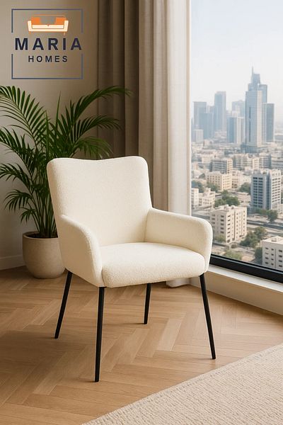 MARIA HOMES White Bouclé High Back Armchair – Modern Upholstered Chair with Black Legs for Living Room or Office