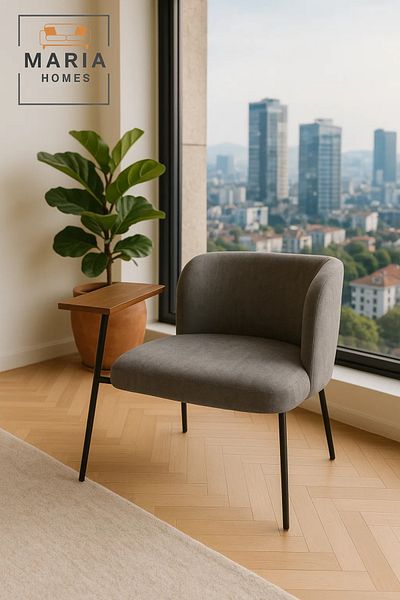MARIA HOMES Wide Grey Fabric Lounge Chair – Modern Upholstered Armchair with Black Metal Legs for Home or Office