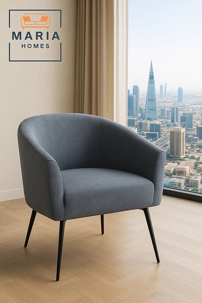 MARIA HOMES Blue Curved Arm Lounge Chair – Upholstered Accent Chair with Black Legs for Home, Office, or Lobby