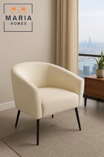 MARIA HOMES Ivory Curved Arm Lounge Chair – Modern Upholstered Accent Chair with Black Legs for Home or Office