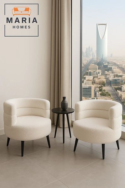 MARIA HOMES Modern White Bouclé Barrel Chair – Round Padded Backrest Armchair for Living Room & Lounge