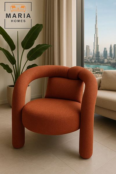 MARIA HOMES Rust Orange Round Accent Chair – Modern Knot Back Armchair with Bold Upholstery and Artistic Design