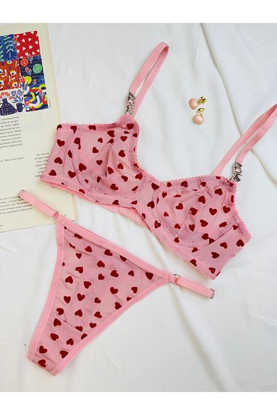 ROZENİN LINGERIE Комплект прашки без чашки с принт на сърце - Комплект бельо