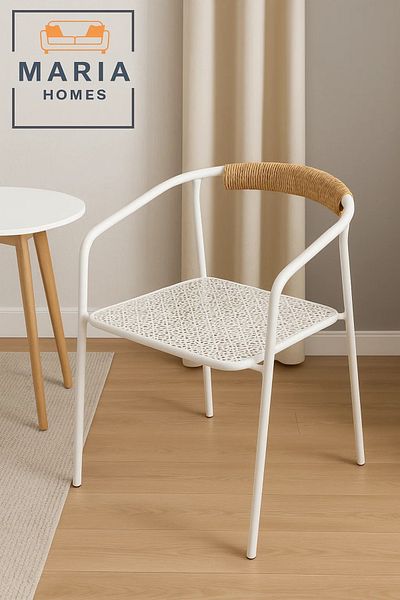 MARIA HOMES Modern White Metal Chair with Rope Backrest Indoor & Outdoor Use Lightweight & Durable Minimalist