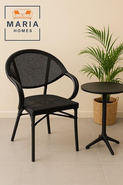 MARIA HOMES Modern Black Mesh Metal Arm Chair – Stackable, Indoor/Outdoor Use, Industrial Design