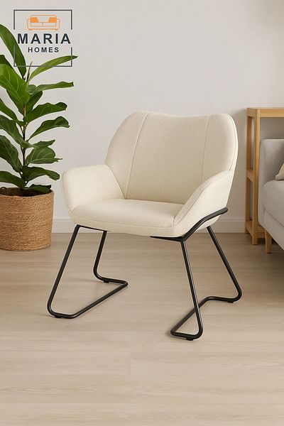 MARIA HOMES Cream Upholstered Lounge Chair – Wide Fabric Armchair with Sled Metal Legs for Home or Office Use