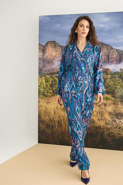 MONAMİSE Women's Ethnic Patterned Buttoned Front Top and Bottom Set 23120