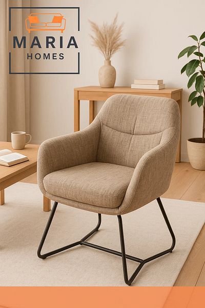 MARIA HOMES Beige Textured Fabric Lounge Chair – Upholstered Armchair with Sled Metal Legs for Home or Office