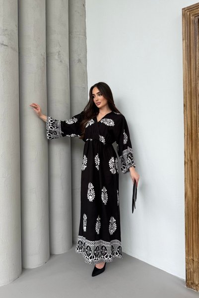 mezqa Authentic Patterned Black and White Long Sleeve Dress