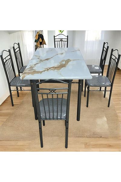 l'elefante 7-Piece Dining Table Set for 6 People – Rectangular Wooden Top Table with 6 Cushioned Chairs – H