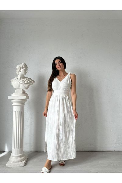 Bak'ap Rochie lungă, 100% bumbac, muselină, model Helenistic, cu detaliu cu fante