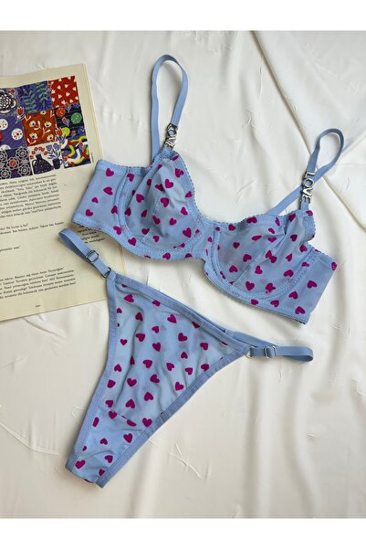 ROZENİN LINGERIE Бюстгальтер без чашок з принтом у вигляді серця та трусики-танга з аксесуарами - комплект нижньої білизни