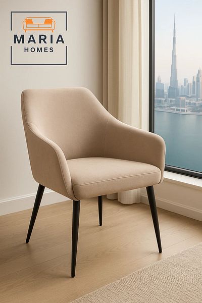 MARIA HOMES Beige Modern Fabric Armchair – Upholstered Lounge Chair with Black Legs for Home, Office, or Café