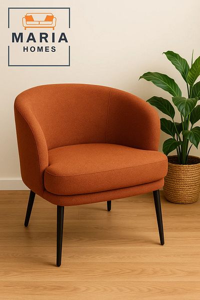 MARIA HOMES Rust Orange Fabric Lounge Chair – Modern Curved Back Armchair with Black Legs for Home or Office