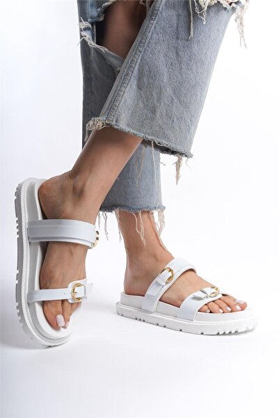 Liger Λευκές γυναικείες παντόφλες - Διπλό λουράκι και αγκράφα