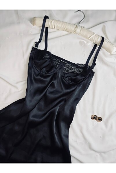 ROZENİN LINGERIE Siyah Saten Ayarlanabilir Askılı Dantelli Gecelik (BABYDOLL)