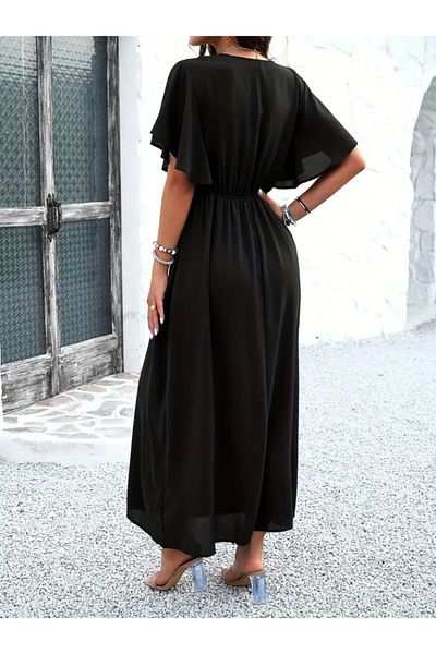 modaserdem Women's Short Sleeve V-Neck Long Viscose Dress with Elastic Waist