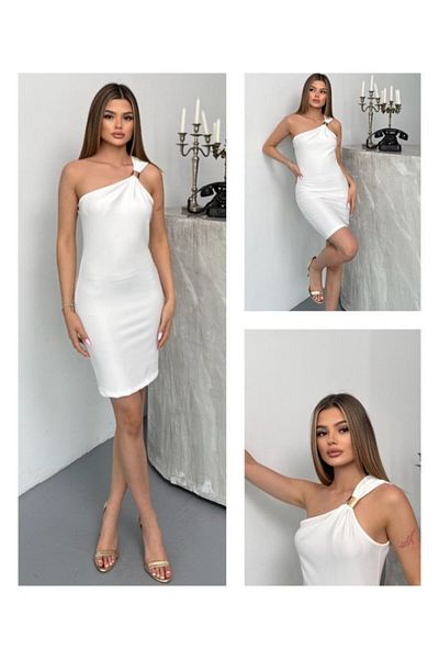 modaserdem Women's Ottoman Fabric One Shoulder Strap Mini Dress with Buckle Detail