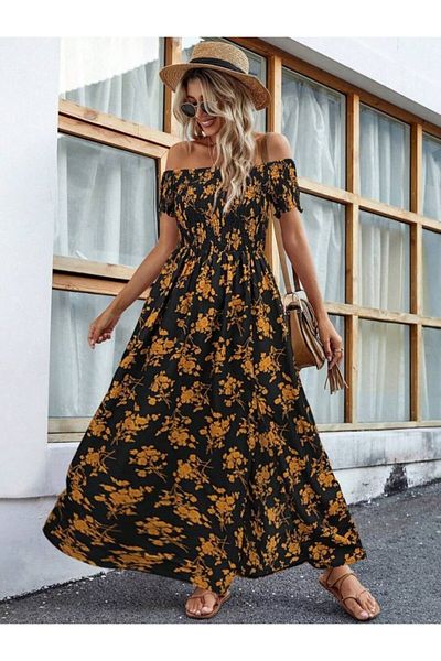 modaserdem Women's Short Sleeve Madonna Collar Slit Floral Patterned Single Jersey Dress