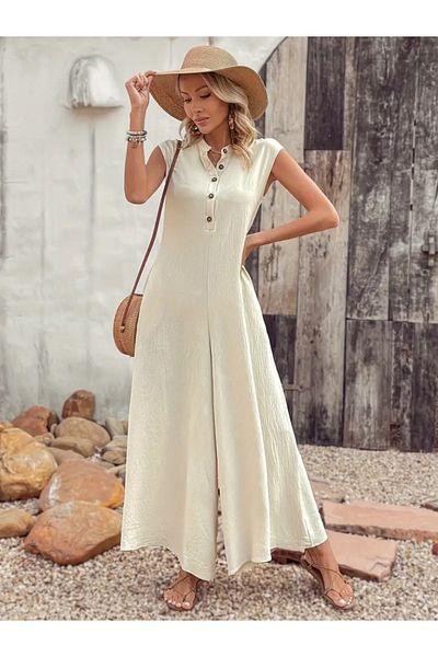 modaserdem Women's Short Sleeve Front Buttoned to the Leg Wide Pocket Long Wrap Jumpsuit