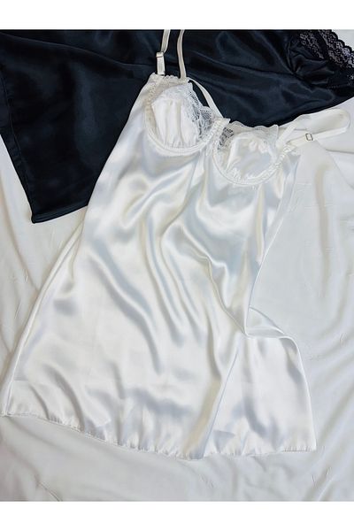ROZENİN LINGERIE Ecru Satin Adjustable Strap Lace Nightgown (Babydoll)