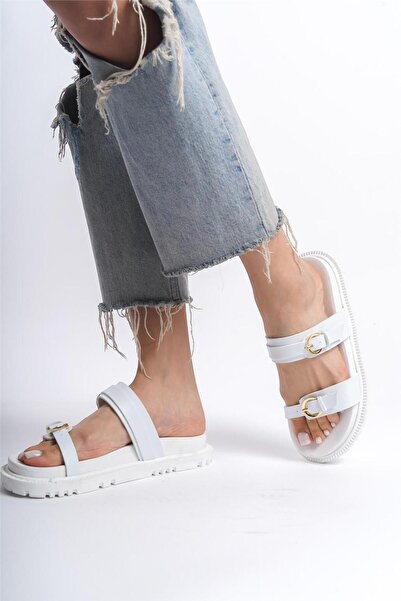 Liger Λευκές γυναικείες παντόφλες - Διπλό λουράκι και αγκράφα