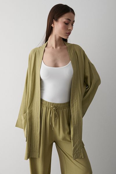 Laluvia Khaki 100% Cotton Belted Kimono Set with Pocket Detail - 8491